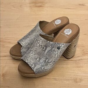 Yellow Box Gray Snakeskin Wedge Mules
